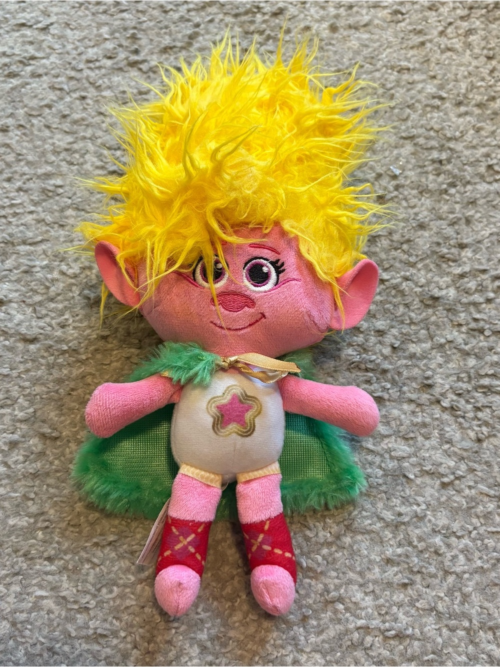 Trolls Plush Doll with Yellow Hair, Pink Body and Green Cape Viva Christmas